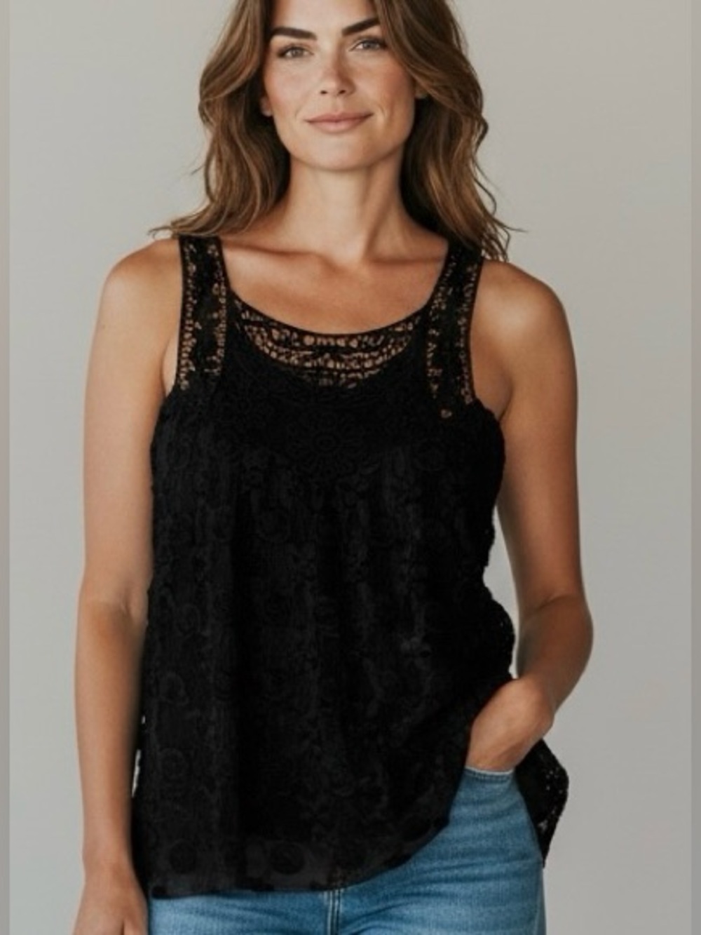 Style Black BOHO Flowers Crochet Top Overlay Bottom Lined Bodice | EUC